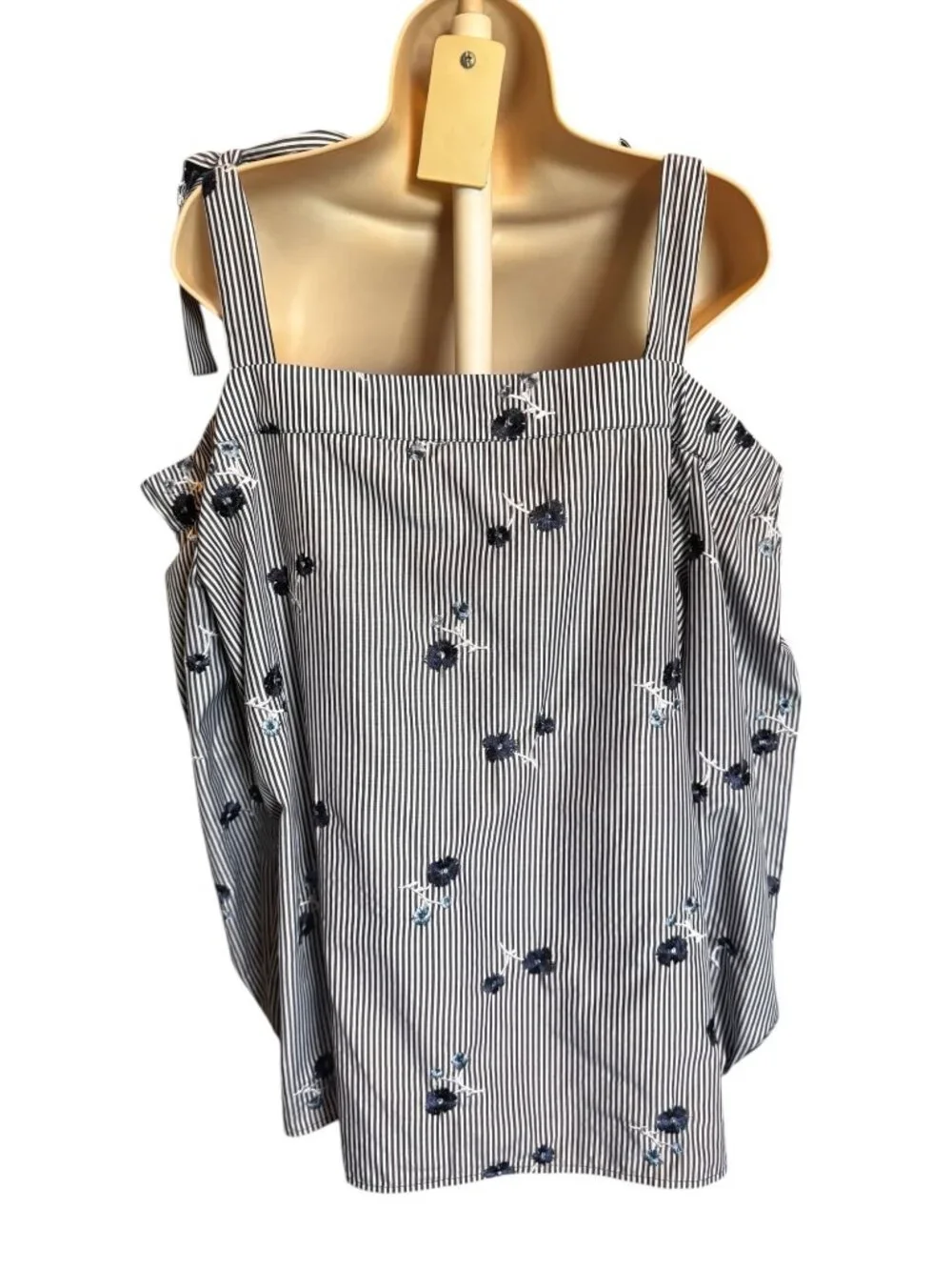 Michael Kors XL Off The Shoulder Blouse Striped Floral Embroidered Tie Strap